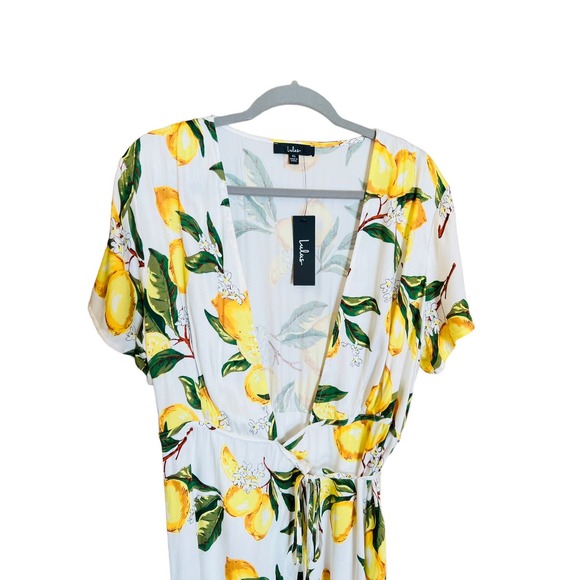 Lulus A La Tart White/ Yellow Lemon print Wrap Dress Sz XL 100% Rayon - Picture 9 of 14